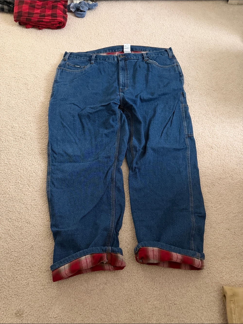 Relaxed Fit Men's Denim Jeans with Red Plaid Lined Cuff